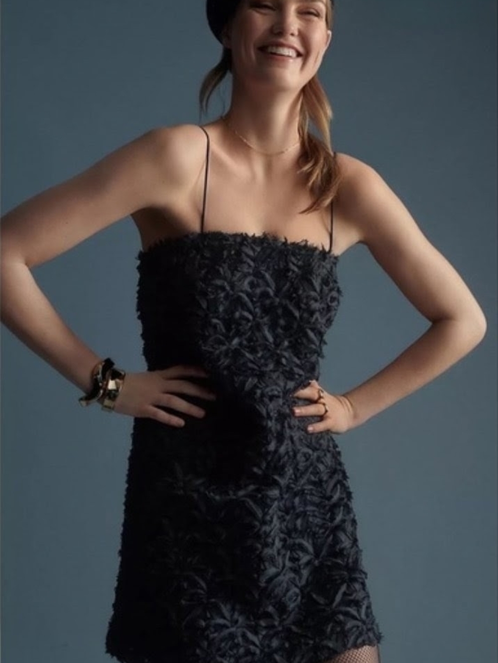 NWT Anthropologie Sunday In Brooklyn Black Textured Ribbon Shag Mini Dress -S
